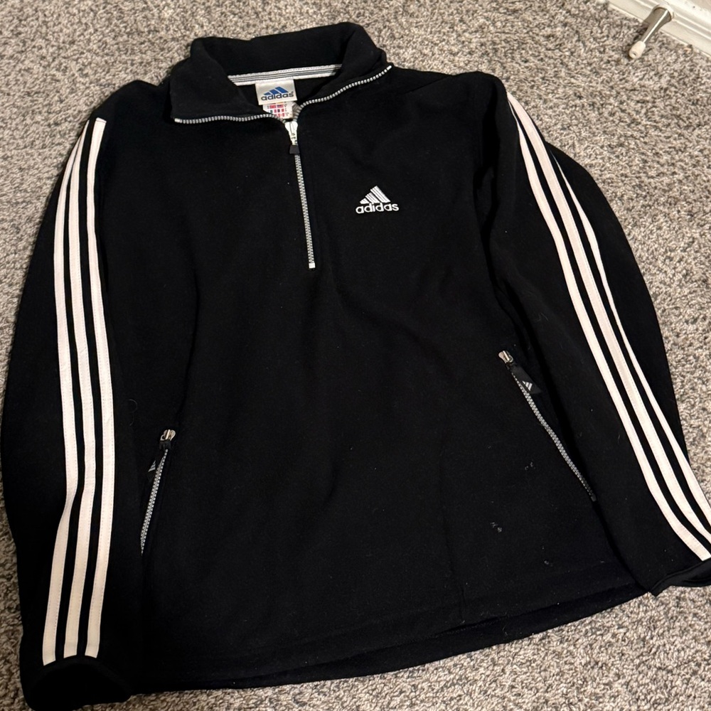 Vintage Adidas Fleece Quarter Zip Pullover Jacket Size Medium 3 Stripe Sleeved
